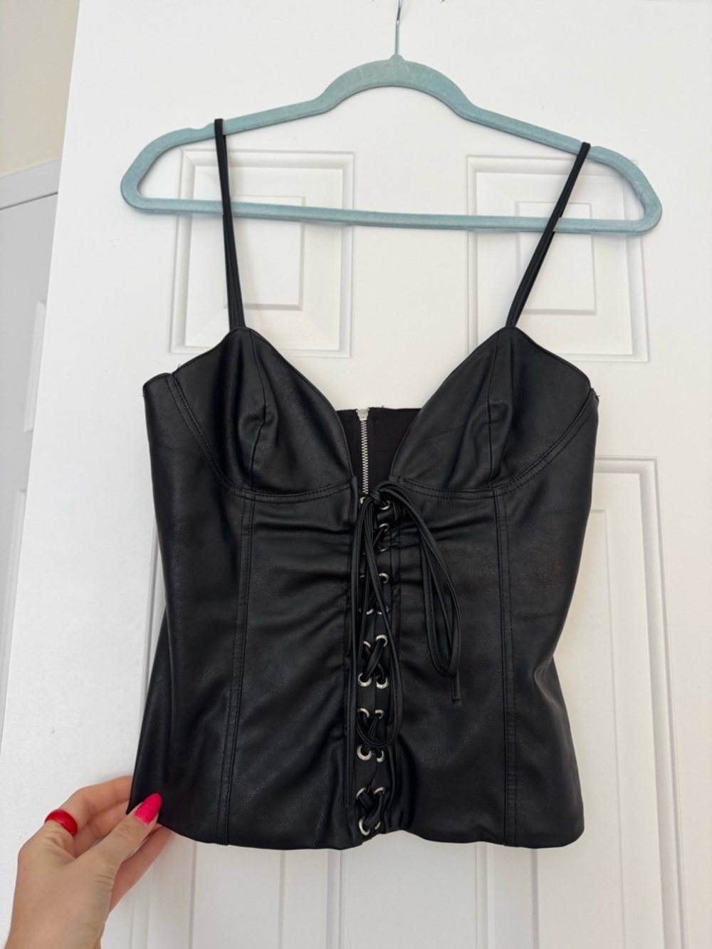 Zara Black Faux Leather Bustier with Lace-Up Front